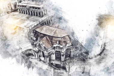 Zwinger Sarayı, sanat galerisi ve müzesi Dresden, Almanya 'da, sanat illüstrasyonu antika eskiz