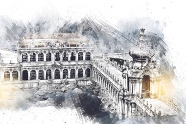 Zwinger Sarayı, sanat galerisi ve müzesi Dresden, Almanya 'da, sanat illüstrasyonu antika eskiz