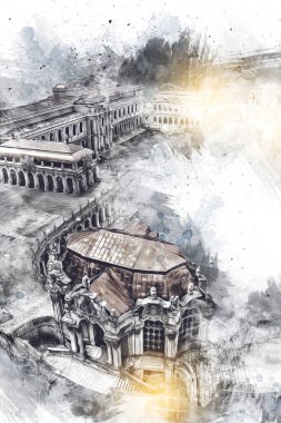 Zwinger Sarayı, sanat galerisi ve müzesi Dresden, Almanya 'da, sanat illüstrasyonu antika eskiz