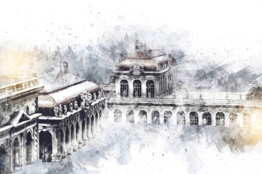 Zwinger Sarayı, sanat galerisi ve müzesi Dresden, Almanya 'da, sanat illüstrasyonu antika eskiz