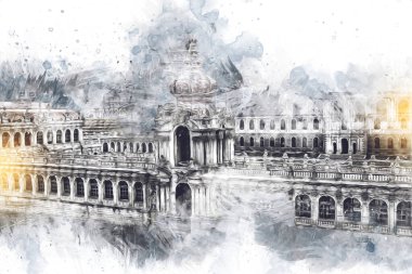 Zwinger Sarayı, sanat galerisi ve müzesi Dresden, Almanya 'da, sanat illüstrasyonu antika eskiz