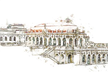 Zwinger Sarayı, sanat galerisi ve müzesi Dresden, Almanya 'da, sanat illüstrasyonu antika eskiz