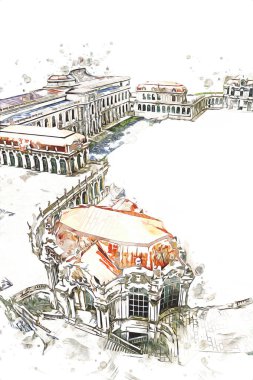 Zwinger Sarayı, sanat galerisi ve müzesi Dresden, Almanya 'da, sanat illüstrasyonu antika eskiz