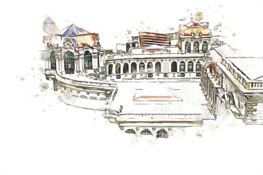Zwinger Sarayı, sanat galerisi ve müzesi Dresden, Almanya 'da, sanat illüstrasyonu antika eskiz