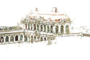 Zwinger Sarayı, sanat galerisi ve müzesi Dresden, Almanya 'da, sanat illüstrasyonu antika eskiz