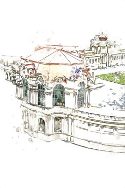 Zwinger Sarayı, sanat galerisi ve müzesi Dresden, Almanya 'da, sanat illüstrasyonu antika eskiz