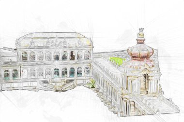 Zwinger Sarayı, sanat galerisi ve müzesi Dresden, Almanya 'da, sanat illüstrasyonu antika eskiz