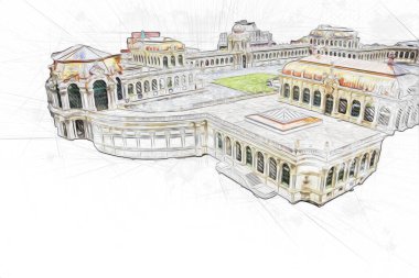 Zwinger Sarayı, sanat galerisi ve müzesi Dresden, Almanya 'da, sanat illüstrasyonu antika eskiz