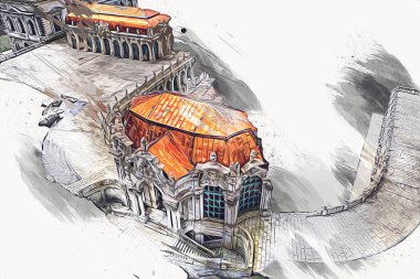 Zwinger Sarayı, sanat galerisi ve müzesi Dresden, Almanya 'da, sanat illüstrasyonu antika eskiz