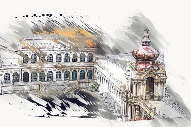 Zwinger Sarayı, sanat galerisi ve müzesi Dresden, Almanya 'da, sanat illüstrasyonu antika eskiz