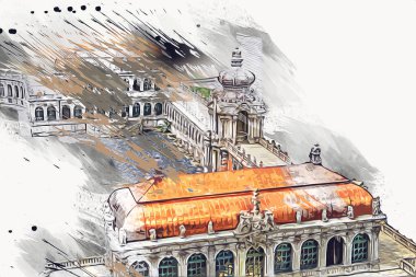 Zwinger Sarayı, sanat galerisi ve müzesi Dresden, Almanya 'da, sanat illüstrasyonu antika eskiz