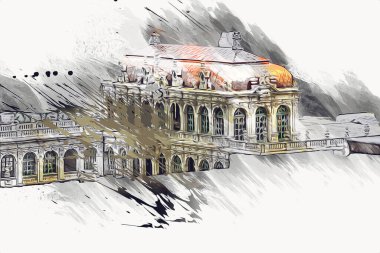 Zwinger Sarayı, sanat galerisi ve müzesi Dresden, Almanya 'da, sanat illüstrasyonu antika eskiz