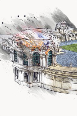 Zwinger Sarayı, sanat galerisi ve müzesi Dresden, Almanya 'da, sanat illüstrasyonu antika eskiz