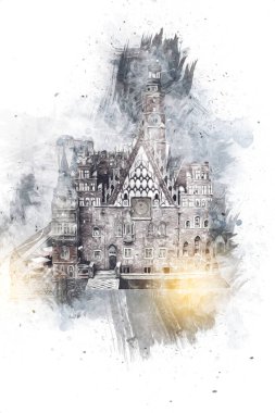 Belediyesi, Wroclaw, Polonya 'lı eski şehir meydanı, sanat illüstrasyonları antika eskizler