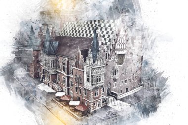 Belediyesi, Wroclaw, Polonya 'lı eski şehir meydanı, sanat illüstrasyonları antika eskizler