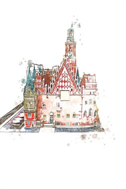 Belediyesi, Wroclaw, Polonya 'lı eski şehir meydanı, sanat illüstrasyonları antika eskizler