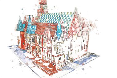 Belediyesi, Wroclaw, Polonya 'lı eski şehir meydanı, sanat illüstrasyonları antika eskizler