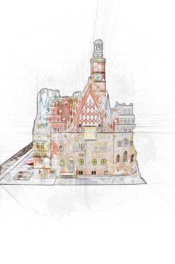 Belediyesi, Wroclaw, Polonya 'lı eski şehir meydanı, sanat illüstrasyonları antika eskizler