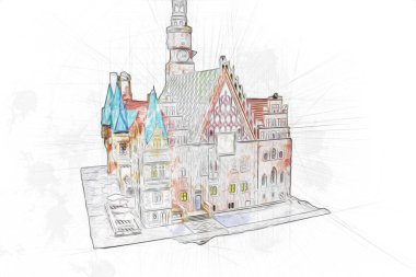 Belediyesi, Wroclaw, Polonya 'lı eski şehir meydanı, sanat illüstrasyonları antika eskizler