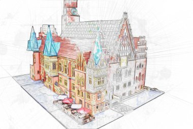 Belediyesi, Wroclaw, Polonya 'lı eski şehir meydanı, sanat illüstrasyonları antika eskizler