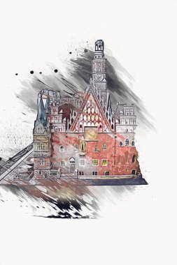 Belediyesi, Wroclaw, Polonya 'lı eski şehir meydanı, sanat illüstrasyonları antika eskizler