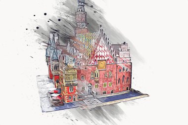 Belediyesi, Wroclaw, Polonya 'lı eski şehir meydanı, sanat illüstrasyonları antika eskizler