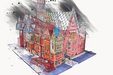 Belediyesi, Wroclaw, Polonya 'lı eski şehir meydanı, sanat illüstrasyonları antika eskizler