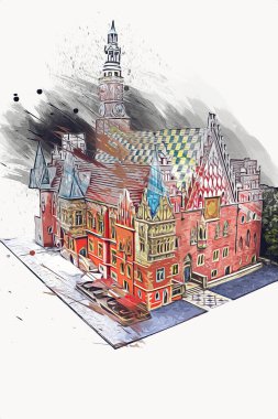 Belediyesi, Wroclaw, Polonya 'lı eski şehir meydanı, sanat illüstrasyonları antika eskizler
