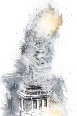 Manhattan, Mimarlık ve Turizm Konsepti 'nin aşağısında yer alan New York şehir manzaralı nehir kenarındaki Özgürlük Anıtı.