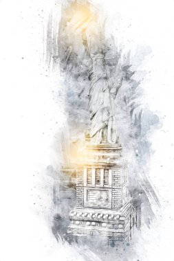 Manhattan, Mimarlık ve Turizm Konsepti 'nin aşağısında yer alan New York şehir manzaralı nehir kenarındaki Özgürlük Anıtı.