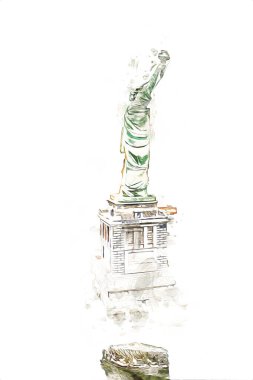 Manhattan, Mimarlık ve Turizm Konsepti 'nin aşağısında yer alan New York şehir manzaralı nehir kenarındaki Özgürlük Anıtı.