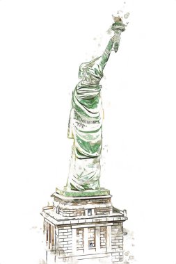 Manhattan, Mimarlık ve Turizm Konsepti 'nin aşağısında yer alan New York şehir manzaralı nehir kenarındaki Özgürlük Anıtı.