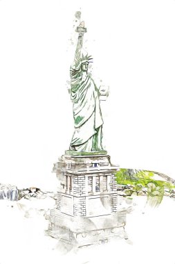 Manhattan, Mimarlık ve Turizm Konsepti 'nin aşağısında yer alan New York şehir manzaralı nehir kenarındaki Özgürlük Anıtı.