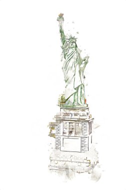 Manhattan, Mimarlık ve Turizm Konsepti 'nin aşağısında yer alan New York şehir manzaralı nehir kenarındaki Özgürlük Anıtı.