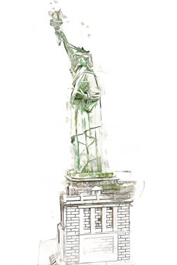 Manhattan, Mimarlık ve Turizm Konsepti 'nin aşağısında yer alan New York şehir manzaralı nehir kenarındaki Özgürlük Anıtı.