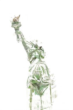 Manhattan, Mimarlık ve Turizm Konsepti 'nin aşağısında yer alan New York şehir manzaralı nehir kenarındaki Özgürlük Anıtı.