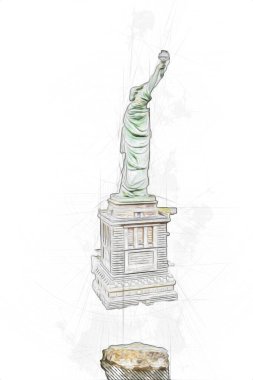 Manhattan, Mimarlık ve Turizm Konsepti 'nin aşağısında yer alan New York şehir manzaralı nehir kenarındaki Özgürlük Anıtı.