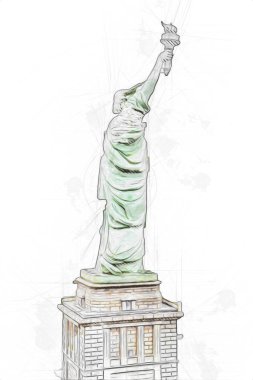 Manhattan, Mimarlık ve Turizm Konsepti 'nin aşağısında yer alan New York şehir manzaralı nehir kenarındaki Özgürlük Anıtı.