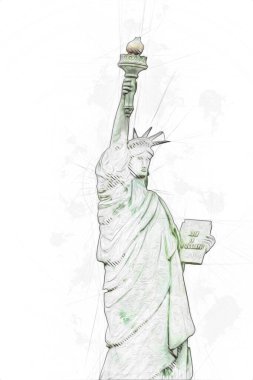 Manhattan, Mimarlık ve Turizm Konsepti 'nin aşağısında yer alan New York şehir manzaralı nehir kenarındaki Özgürlük Anıtı.