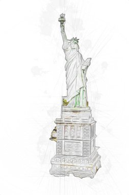 Manhattan, Mimarlık ve Turizm Konsepti 'nin aşağısında yer alan New York şehir manzaralı nehir kenarındaki Özgürlük Anıtı.