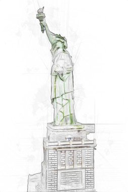 Manhattan, Mimarlık ve Turizm Konsepti 'nin aşağısında yer alan New York şehir manzaralı nehir kenarındaki Özgürlük Anıtı.