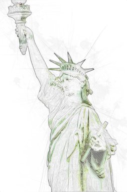 Manhattan, Mimarlık ve Turizm Konsepti 'nin aşağısında yer alan New York şehir manzaralı nehir kenarındaki Özgürlük Anıtı.