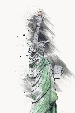 Manhattan, Mimarlık ve Turizm Konsepti 'nin aşağısında yer alan New York şehir manzaralı nehir kenarındaki Özgürlük Anıtı.