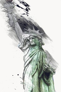 Manhattan, Mimarlık ve Turizm Konsepti 'nin aşağısında yer alan New York şehir manzaralı nehir kenarındaki Özgürlük Anıtı.