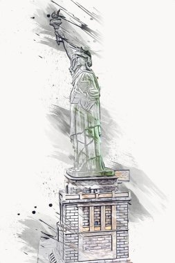 Manhattan, Mimarlık ve Turizm Konsepti 'nin aşağısında yer alan New York şehir manzaralı nehir kenarındaki Özgürlük Anıtı.