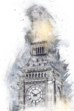 Londra 'nın büyük Ben sanat eseri çizimi, çizim, eğlenceli tasarım, antika retro