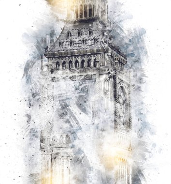 Londra 'nın büyük Ben sanat eseri çizimi, çizim, eğlenceli tasarım, antika retro