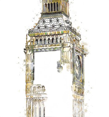 Londra 'nın büyük Ben sanat eseri çizimi, çizim, eğlenceli tasarım, antika retro