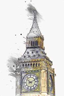 Londra 'nın büyük Ben sanat eseri çizimi, çizim, eğlenceli tasarım, antika retro