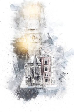 Prag 'daki eski şehir meydanı, Çek Cumhuriyeti, sanat illüstrasyonu antika eskiz